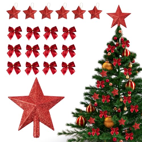 19 Stück Weihnachtsbaumspitze Stern Rot, Schleifen Weihnachtsbaum...