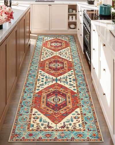 SERISSA Boho Washable Runner Rug, 2'6"x8' Rug Runner Non-Slip Vintage Orange Hallway Kitchen Runner Rug Ultra Soft Print Distressed Tribal Floor Carpet Runner for Bedroom Bathroom Laundry Room