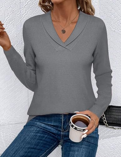 Image of Zeagoo Womens Sweaters Trendy 2025 Fall Long Sleeve V Neck Dressy Casual Off Shoulder Pullover Tunic Tops Gray M