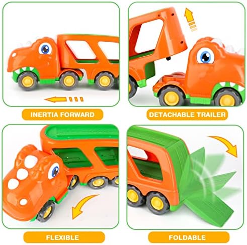 Aoskie Big Dinosaur Transport Car Toys with 4 Pull Back Vehicles, Light and Sound Dinosaur Toys Gifts for 2 3 4 5 Years Old Boys Girls