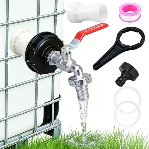 IBC Container Accessori, IBC Rubinetto di Scarico Set, mit Chiavi Tappo del Tamburo, Raccordo Cisterna 1000 Litri, Adattatore Rubinetto Pollici in Lega 1/2, per Cisternetta Serbatoio Acqua Piovana