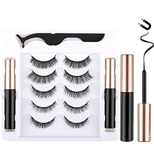Magnetic Eyelashes with Eyeliner Kit 5 Pairs 3D Natural Look Reusable Eyelashes with Tweezers Applicator, Strong Magnetic Eyeliner and Lashes Magnetic Lashes with Eyeliner Set