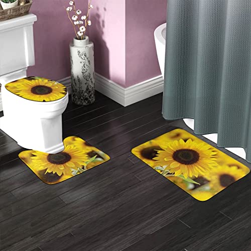 UBINYSS Badematte + Konturmatte + Toilettendeckelbezug, schöne Sonnenblumen 3 Stück Badematte Set, mit rutschfester Klebeunterseite – Bild 4
