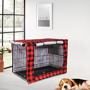 Dog Crate Covers,Cover Fits 48″ Kennel Indoor,Polyester Pet Kennel Covers,Breathable Mesh Windows,Repels Oils and Stain,Washable Cover Universal Fit for Standard Metal Crate-Red Plaid