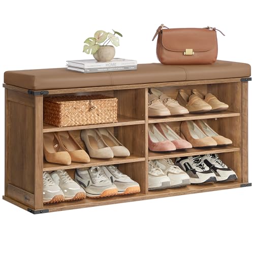Opiniones de Zapatera de huacales , tabla con los diez mejores. 50 VASAGLE Banco Zapatero con Cojín Extraíble, Estantes Ajustables, 6 Compartimentos Abiertos, Pasillo, Dormitorio, Entrada, Marrón Miel MLSB105K01