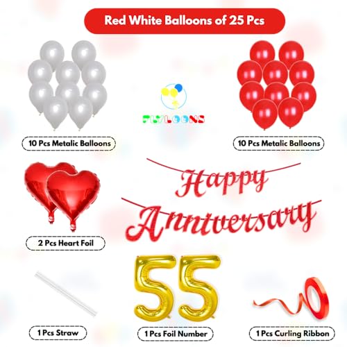 Image of Flyloons 55th Happy Anniversary Decoration Items Red White for Men Women Husband Wife Mom Dad Parent Couple Home Bedroom Car With 20 Pcs Metallic Balloons Anniversary Banner 2 Pcs Heart Set Kit