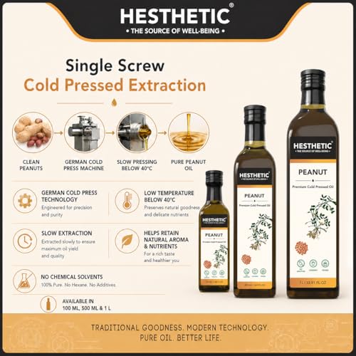 Image of HESTHETIC Cold Pressed Peanut (Groundnut) Oil 100ml | Pure Moongfali Ka Tel | Unrefined Food-Grade Cooking Oil, Rich in MUFA | Glass Bottle | Ideal for Indian Cooking