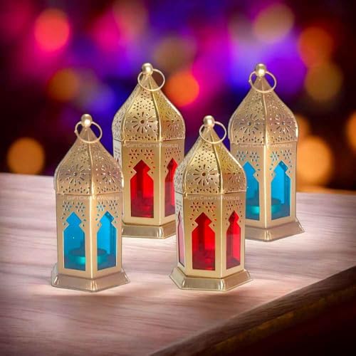 GiftCraftsWorld Moroccan Lanterns & Candle Holders for Home Decor - Unique Diwali & Christmas Gifts (Red - Blue, Set of 4)
