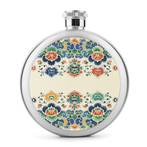 Stainless Steel Wine Bottle Liquor Container Chinese Border Pattern Print Leak Proof Hip Flask Durable for Camping Hiking Travel Festivals