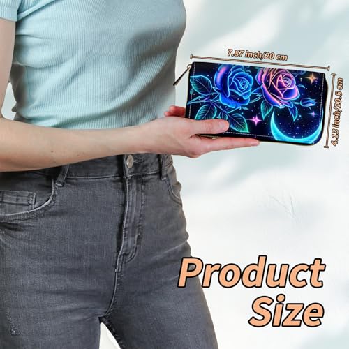 Women's RFID Blocking Wallet PU Leather Slim Bifold Wristlet Clutch with Large Capacity,16 Card Slots & Zipper Coin Purse Pocket Ladies Travel Purse Wristlet,Blue Roses Moon Stars2