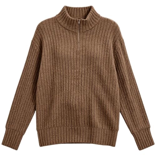Quarter Zip Sweater Women Lapel Neck Ribbed Loose Fit Pullover Tops Brown - image 4