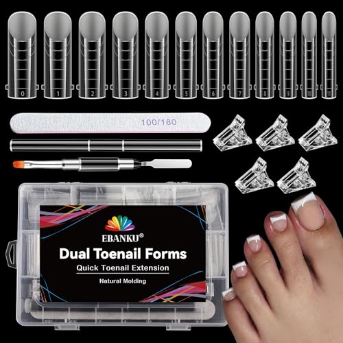 Poly Gel Toe Nail Form Set EBANKU Reusable Toenails Dual Forms for Nail Extensions Poly Gel Toe Nail Tips with Dual-Ended Brush and Nail File 5PCS Clips - 12 Sizes 120PCS