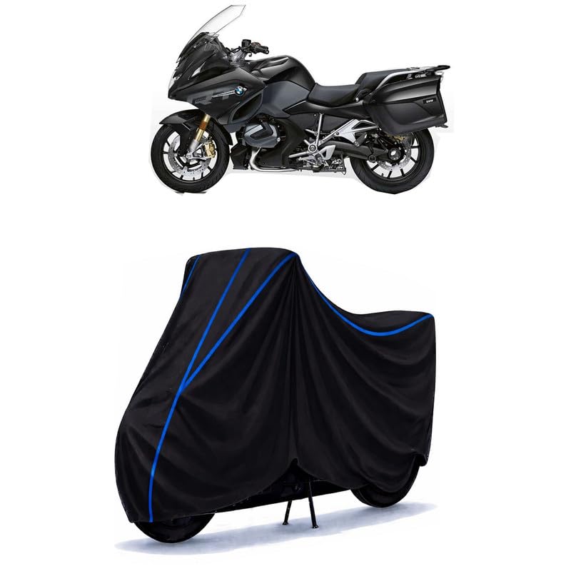 Image of R 1250 RT Bike Cover Water Resistant Universal Motorcycle Rain | Heavy Duty UV Protection, Dust, Scratch Indoor Outdoor All Weather with Black Blue Piping Elastic