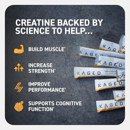 Image of Kaged Creatine Monohydrate + Max Absorption Technology | Micronized Powder Stick Packs | Orange Mango | Muscle Building & Recovery | Brain Health | Supplements for Men & Women | 25 Servings