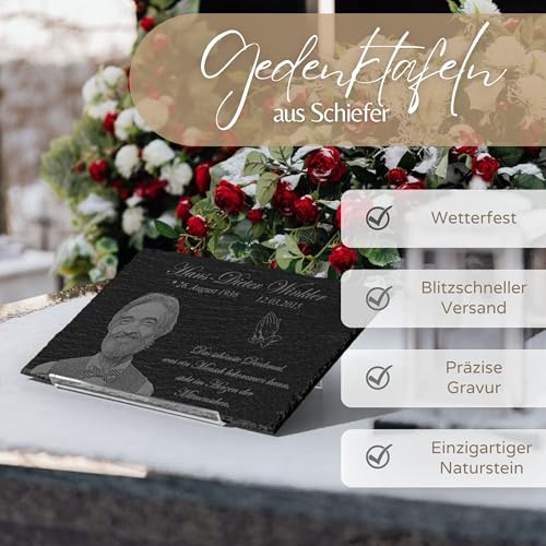 CHRISCK design Schiefer Grabplatte mit Gravur - Grabdeko wetterfest imprägniert für Urnengrab - Gedenktafel mit Foto & riesen Motiv Auswahl - Grabstein Gedenkstein Grab - 22x14 cm o. 30x20 cm