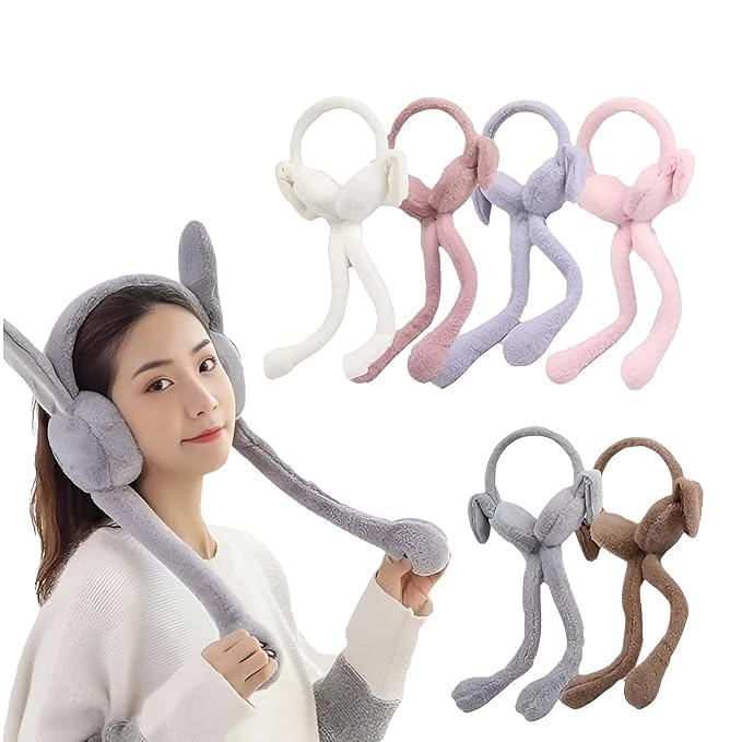 Women & Kids Winter Plush Earmuffs, Foldable Bunny Ear Warmers - Woollen Knitted Windproof Ear Muffs for Girls Boys Teens, Cute Moving Rabbit Ears, Multicolours-image-1