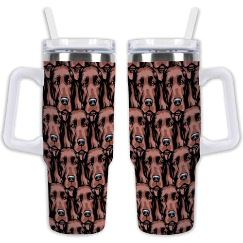 GABSHAIM Stainless Steel Tumbler Many Irish Setter Dog Faces Heads Coffee Cup 40oz Thermal Insulated Travel Mug with Handle Straw & Lid, Double Sided For Dog Puppy Lovers