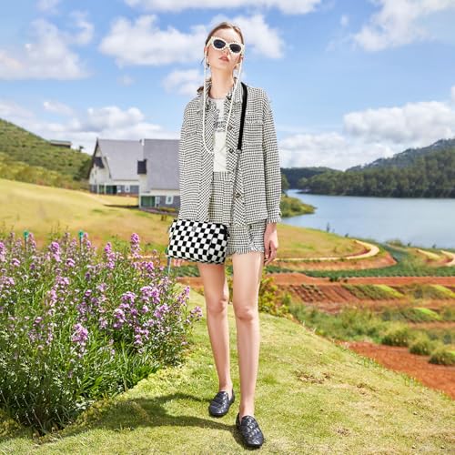 Black and White Checkered Nylon Crossbody Bags for Women, Trendy Classic Checkered Purses Handbags Wallets Waterproof Nylon Cross Body Shoulder Tote Bags3