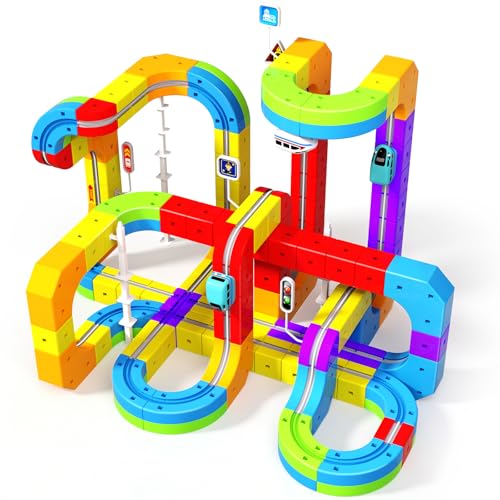 Electric Train Set for Kids, 110PCS 3D Racing Track Sets with Electric Train, Traffic Signs, STEM Train Toys Birthday Gifts for Boys and Girls Age 3+ Years Old