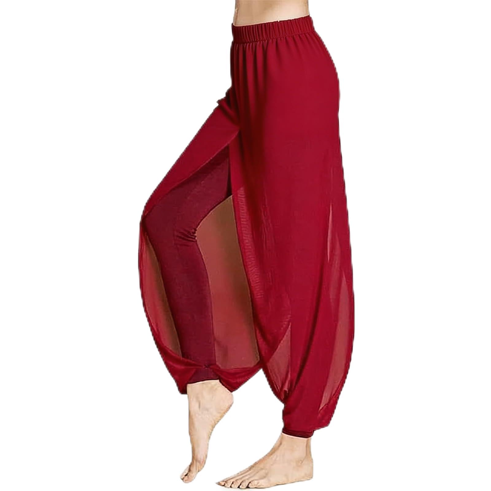 Leemiman Women's Red Belly Dance Pant For Yoga Ballet Chinese Folk Dance Classical Dancing Costume Chiffon Dancer Practice Harem Pants
