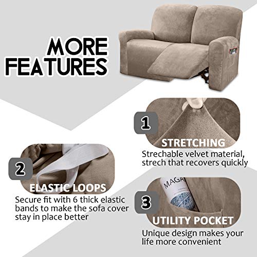 Ultimate Decor Reclining Love Seat Slipcover, 6-Piece Velvet Stretch Loveseat Reclining Sofa Covers, 2 seat Love seat Recliner Cover, Thick, Soft, Washable, Love seat Slipcovers (Taupe) - Thumbnail 4