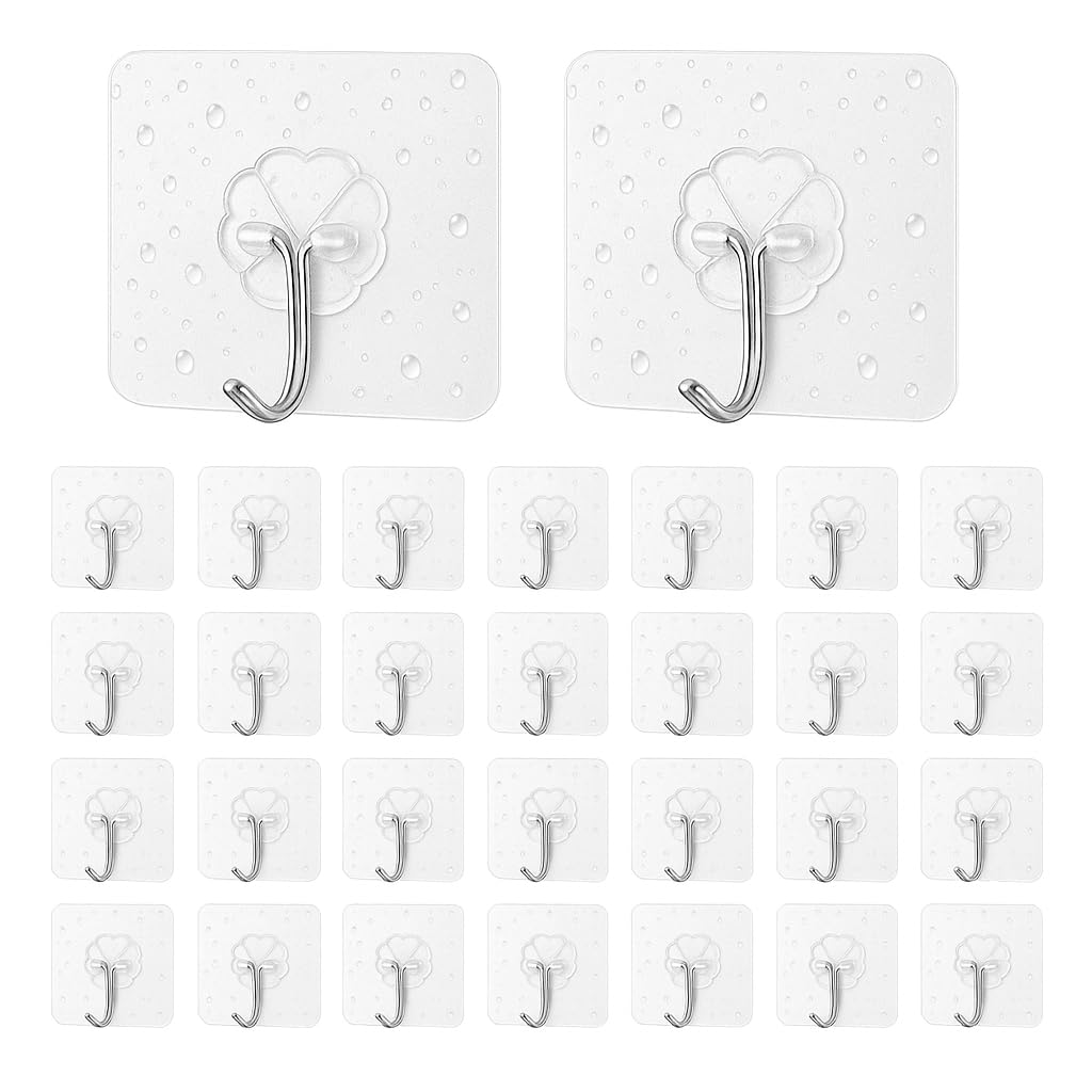 30 Pcs Self Adhesive Hooks, Sticky Hooks for Hanging for Wall, Wall Hooks Heavy Duty Waterproof PVC Hooks for Kitchen Bathroom Bedroom Office, No Drill Reusable Wall Hanging Hooks for Keys Towels