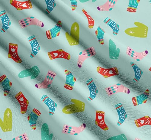 Image of Soimoi Green Cotton Cambric Fabric Socks & Gloves Folk Art Printed Craft Fabric by the Meter 56 Inch Wide