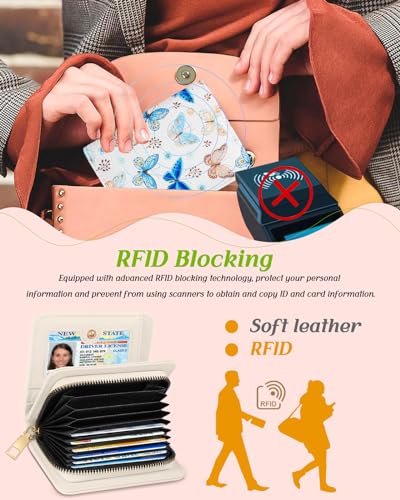 Image of Bistup Leather 12 Slot Accordion Card Holder Wallet, Butterfly | Accordion Storage, Zipper Around Closure, Compact Patterned Wallet for IDs, Cards, Cash, Daily Carry and Gifts