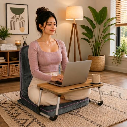 Image of Kawachi Floor Chair with Laptop Table, Foldable Back Support & Portable Study Table Combo, Reading, Work from Home, Meditation & Relaxation Chair (KC32-Dark Grey)