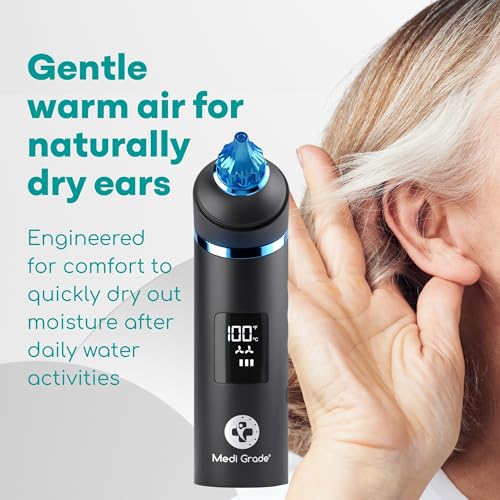 Medi Grade Ear Dryer - Portable Ear Drying Device with Soothing Red Light, Adjustable Temperature and Airflow, Rechargeable, Reusable Ear Tips - Use for Ear Dryer for Swimmers or After Shower