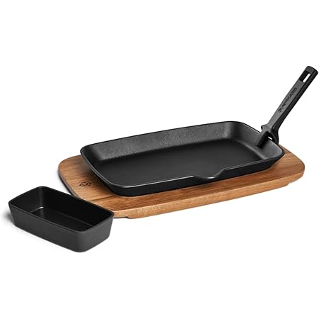 BURNHARD Fajita-Pfanne aus Gusseisen mit Servierbrett aus Akazienholz & Dipschale 28,8 x 17,5 x 3 cm, Grillpfanne mit Griff