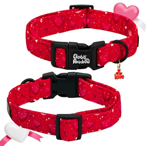 Image of Valentine's Lovely Red Heart Print Dog Collar for Medium Dogs | Valentine Pet Outfit,Wedding,Anniversary,Daily Walks,Adjustable,Cotton Fabric,Quick Release Plastic Buckle,Pendant,Female Dog