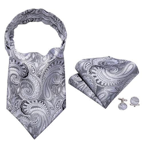 Image of Barry.Wang Ascot Ties Cravat Tie Men Paisley Plaid Scarf Self Tie Pocket Square Cufflinks Set Wedding Party