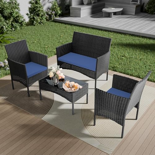 Image of 4 Pieces Patio Furniture Set Outdoor Conversation Set Rattan Furniture Set Wicker Chairs and Sofa with Glass Table for Porch Pool Backyard Garden,Navy Blue
