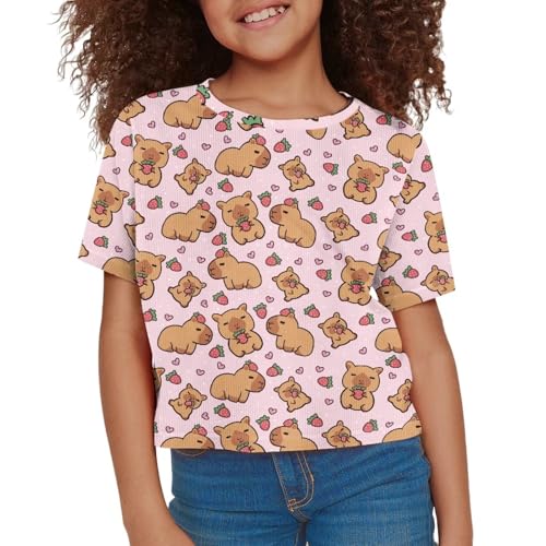 Image of Girls Crop Tees Crew Neck Casual Short Sleeve T Shirts Kids Loose Soft Comfortable Tees Blouses Shirt for Little Girl