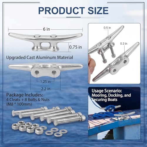 Frienda 4 Pack Aluminum Boat Dock Cleats Set, 6 Inch Corrosion-Resistant & Lightweight Marine Cleats with Bolts/Nuts, for Securing Boats, Kayaks, Docks & Nautical Home Decor
