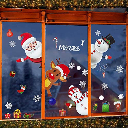 TATAFUN Pegatinas de Ventana Feliz Navidad Papá Noel Muñeco de Nieve Alce Decoración Navideña Pared Extraíble Pegatinas Murales