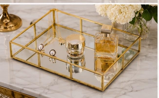 Image of Rectangle Glass Tray with Gold Rim and Mirror Base Vanity Table Decoration [10 x 7 x1.5 inches]