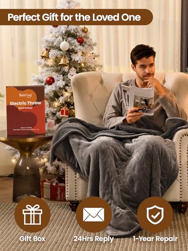 Image of Bearhug Electric Blanket Full Size, 90F-108F Fast Heating Throw with 10 Heat Levels & 1-12H Auto Shut-Off, Machine Washable Soft Velvet and Sherpa Heated Blanket for Bed or Couch, Gray