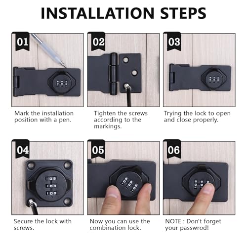 EXLECO 2 x Locker Latch with Combination Lock Hasp Stainless Steel Latch with Padlock Deadbolt Doors Padlock with Trap Lock for Cabinet Drawer Black - Image 4