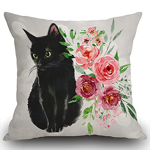 Swono Black Cat and Watercolor Flower Farmhouse Pillow Cover Cotton Linen Decorative...