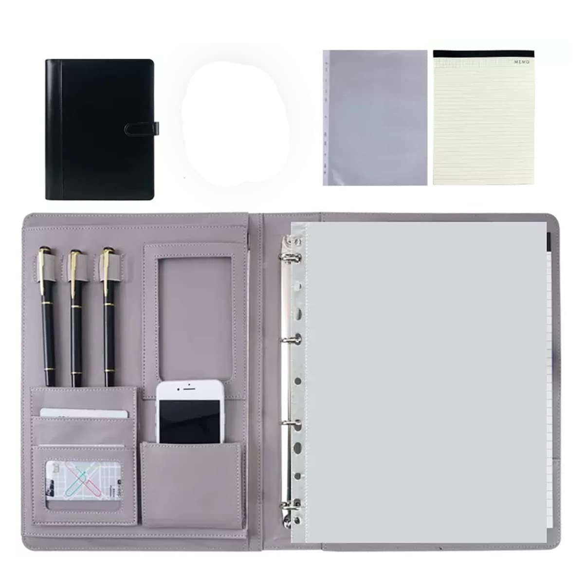 Cartella per Documenti in Pelle A4 Cartella per portfolio Cartella per conferenze A4 con raccoglitore ad anelli 4 A4 Padfolio in pelle PU per studenti d'affari Colloquio di lavoro Riprendi Scuola di