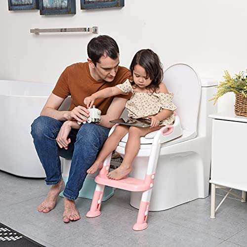711TEK Potty Training Seat Toddler Toilet Seat with Step Stool Ladder,Potty Training Toilet for Kids Boys Girls Toddlers-Comfortable Safe Potty Seat Potty Chair with Anti-Slip Pads Ladder (Pink) - Thumbnail 6