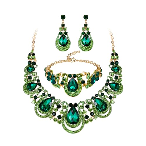 BriLove Womens Teardrop Crystal Statement Necklace Cluster Hollow Dangle Earrings Chain Bracelet Bib Jewellery Set for Wedding Bride Bridesmaid Emerald Color Gold-Tone