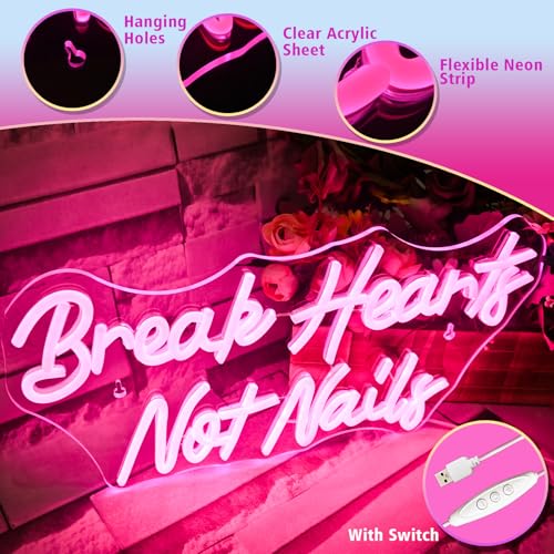 Image of Break Heart Not Nails Neon Sign for Wall Decor,Neon Light Pink LED Neon Light for Bedroom Nails Salon Beauty Room Shop Decoration Gift
