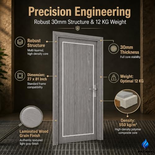 Image of PVC Door with Frame, 30 mm Thick, 27 x 81 Inches (2.25 x 6.75 ft), Grey Color, Waterproof, Termite Resistant, 550 Density, 12 kg