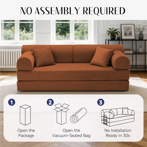 Image of 79'' Convertible Sofa Bed, 6 in 1 Folding Floor Futon Couch Sleeper with Fixed Frame, Corduroy Modular Sofa Bed with Removable Armrests & Pillows, No Assembly for Living Room Bedroom (Orange)