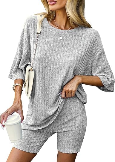 Pajamas 2 Piece Lounge Sets Ribbed Knit Matching Outfits T-shirt Biker Shorts Sleepwear Loungewear Sweatsuits