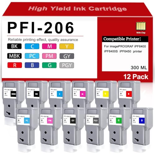 Image of CULater PFI-206 Remanufactured Ink Tank Replacement for PFI206 Ink Cartridge for imagePROGRAF iPF6400 iPF6400S iPF6450 Printer(300ML, 12 Colors)