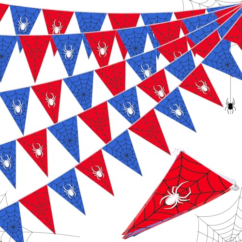 Tiamon 5 Pcs Spider Web Birthday Party Decorations Spider Triangle 49.2 Ft Flag Red Black Blue Pennant Banner Garland Streamer for Birthday Baby Shower Cartoon Movie Party Supply